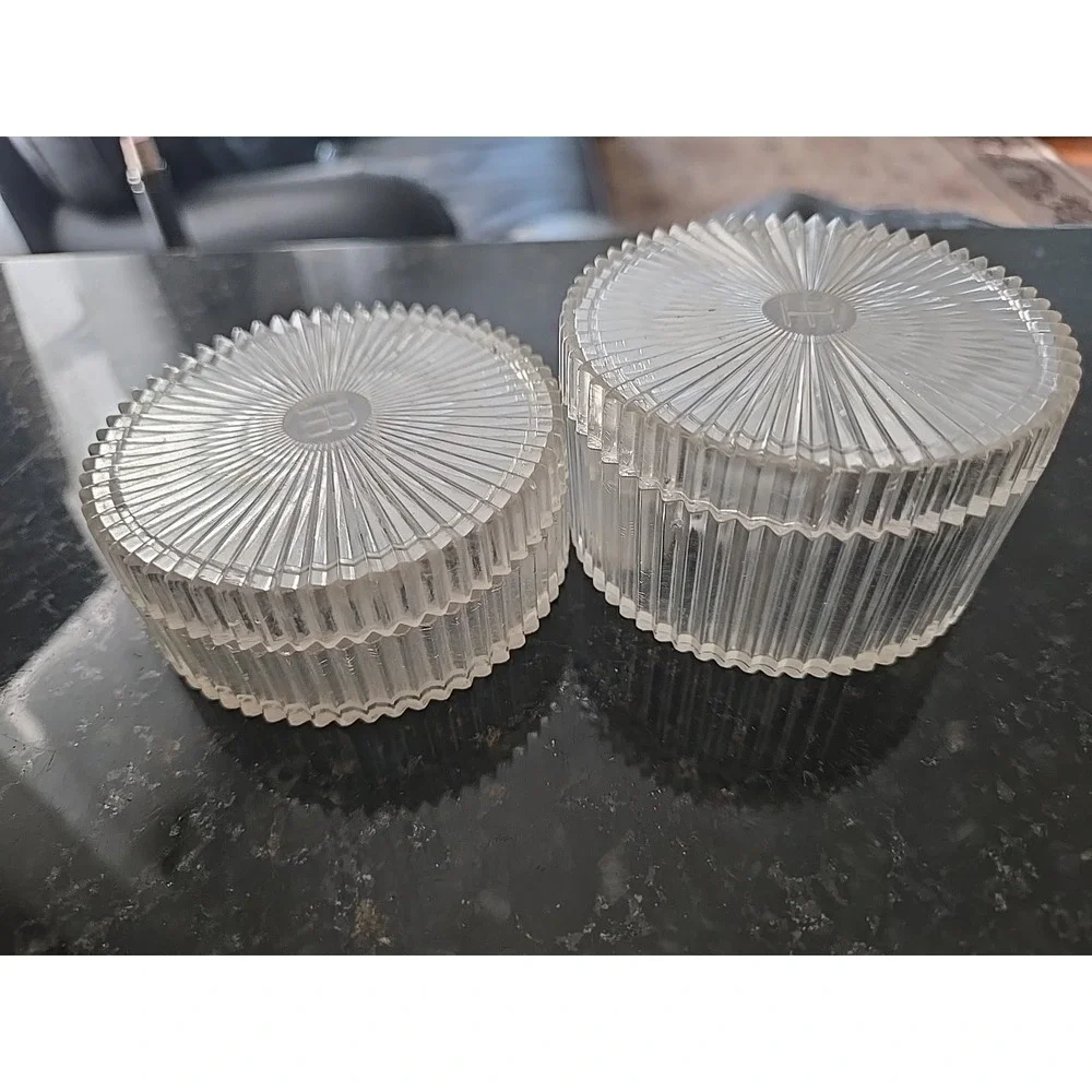 Helena Rubinstein Vintage Clear Ribbed W/ Lid Vanity Powder Box Lucite Set Of 2